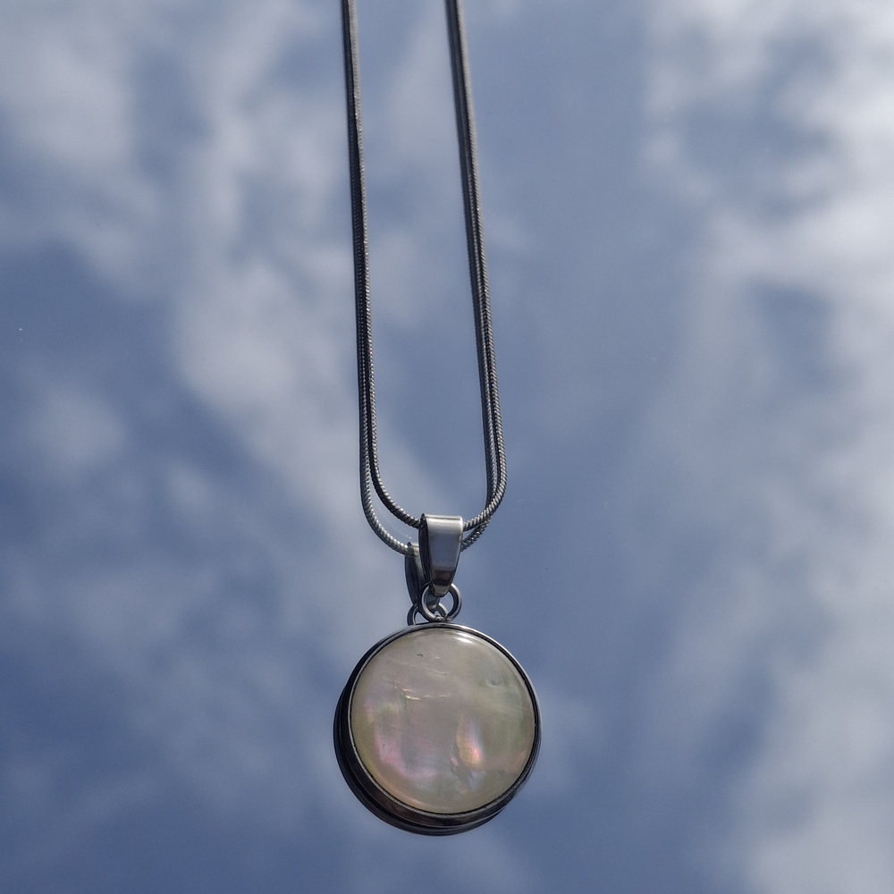 Silver Pendant Necklace with Iridescent Mother-of-Pearl Disc - Women Jewelry